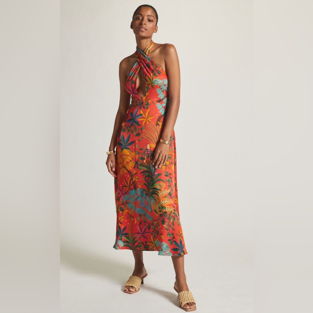 NWOT Farm Rio x Anthropologie Tropical Print Halter Maxi Dress XS